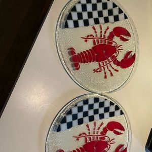 Two handmade fused glass plates lobster design
